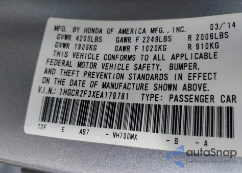 2014 Honda Accord Lx from USA, damaged, VIN 1HGCR2F3XEA179781